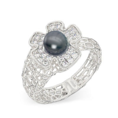 Anillo de Coral con Flor de oro blanco