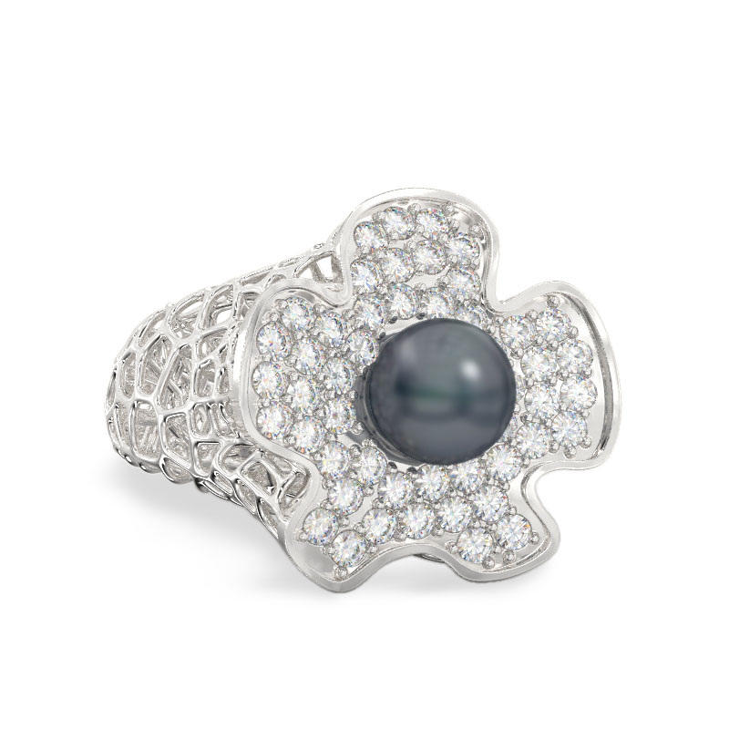 Coral Flower With Pearl Ring From White Gold2