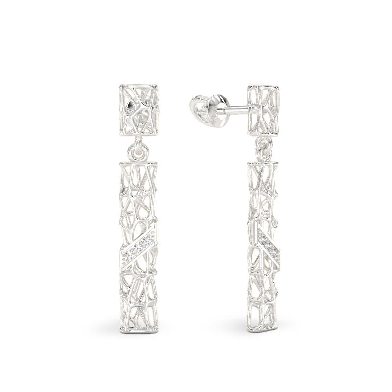 Coral Sticks With Stones Earrings from White Gold