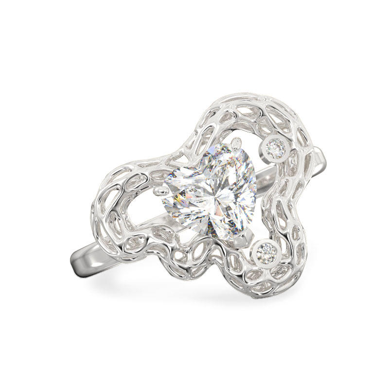 Elegant Leaf with Heart White Gold Ring2