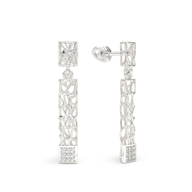 Coral Sticks With Squares Earrings From White Gold