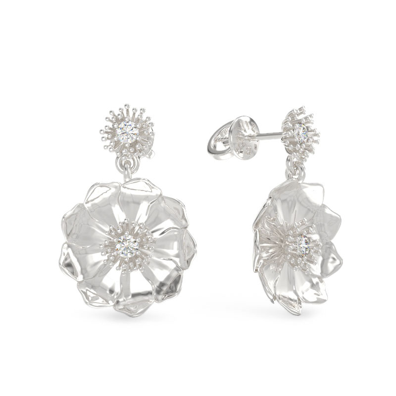 Pendientes de oro blanco de flores con CZ